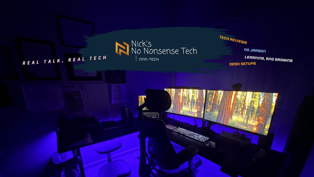 Nick's No Nonsense Tech desk setup with logo banner overlay